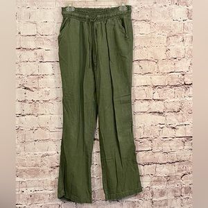 Women Preowned SO Brand Green Linen Pants Elastic drawstring waist M(C-53)
